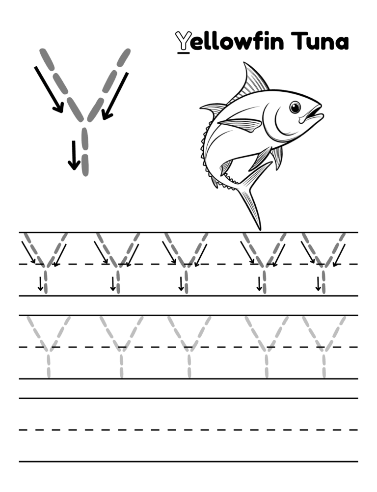 Printable Letter Y tracing yellowfin tuna activity for kids ages 3–8