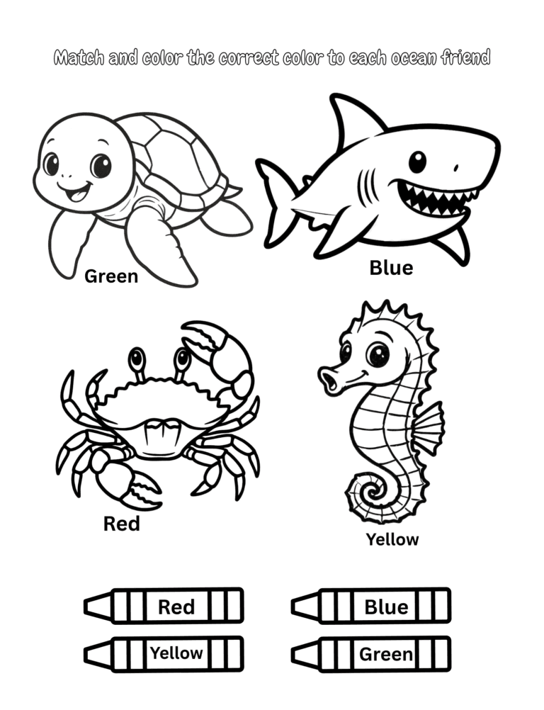 Printable Color the ocean animals activity for kids ages 3–8
