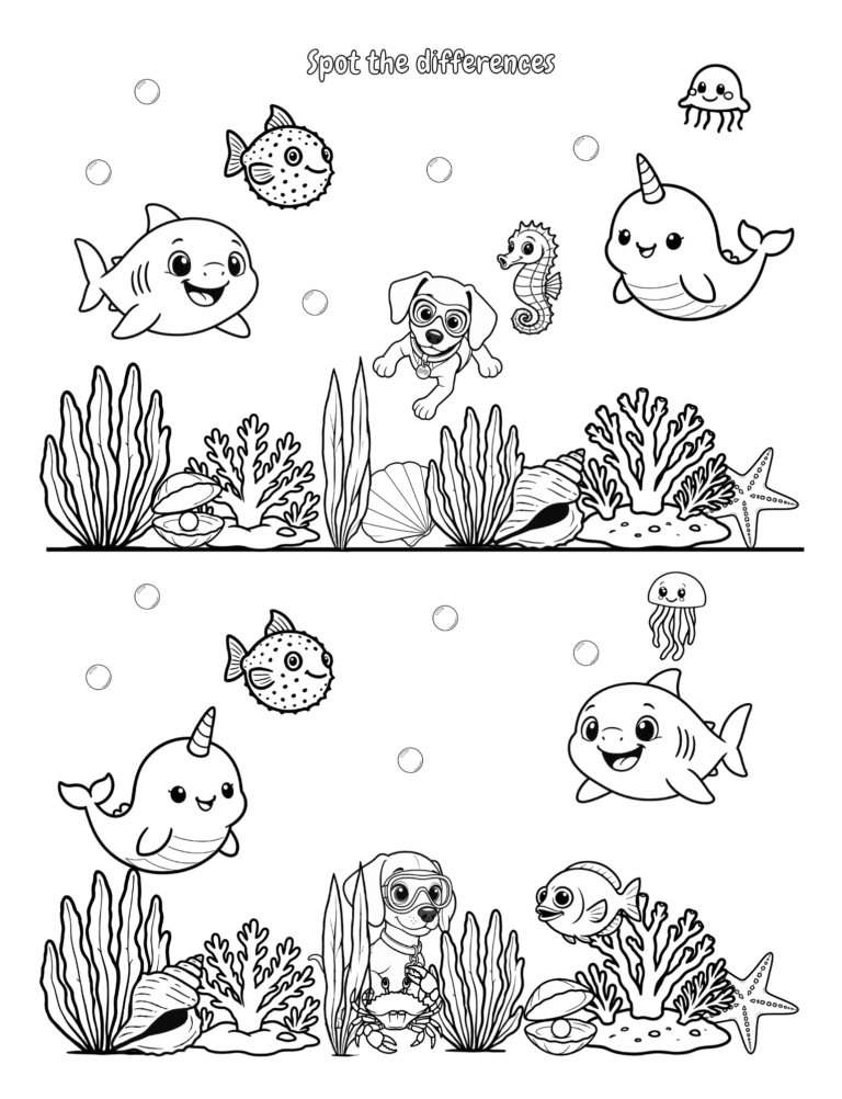 Printable Ocean spot the difference activity for kids ages 3–8