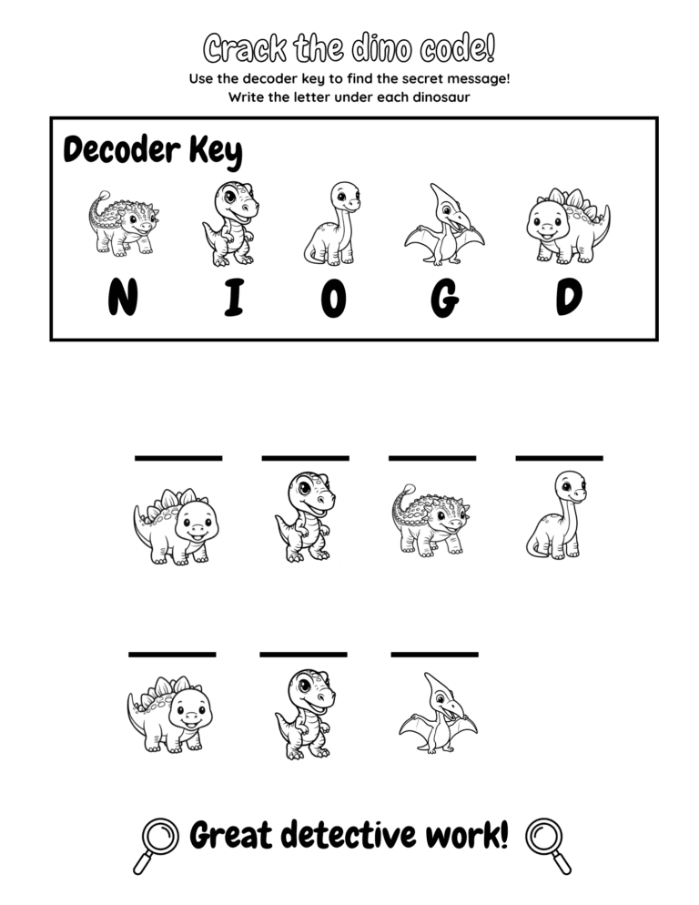 Printable dinosaur crack-the-code activity for kids ages 3–8