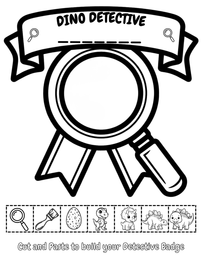 Printable dinosaur detective badge cut-and-paste activity for kids ages 3–8
