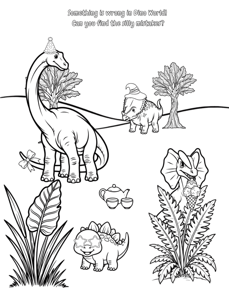 Printable dinosaur find the mistakes activity for kids ages 3–8