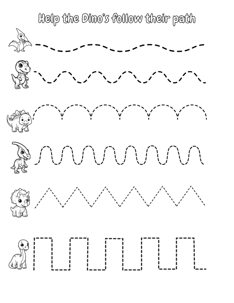 Printable dinosaur follow-the-path tracing activity for kids ages 3–8