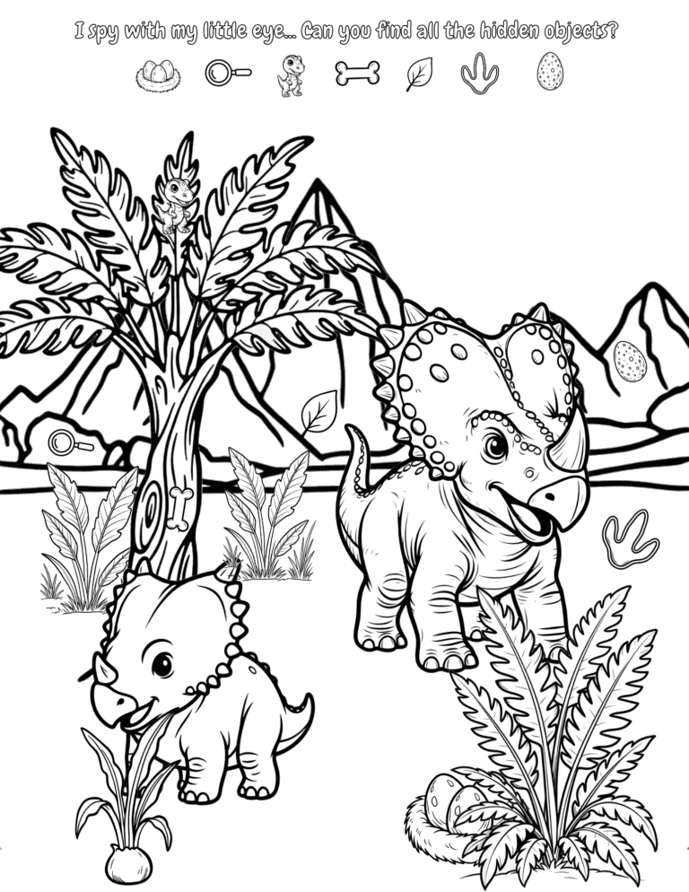 Printable dinosaur I Spy activity for kids ages 3–8