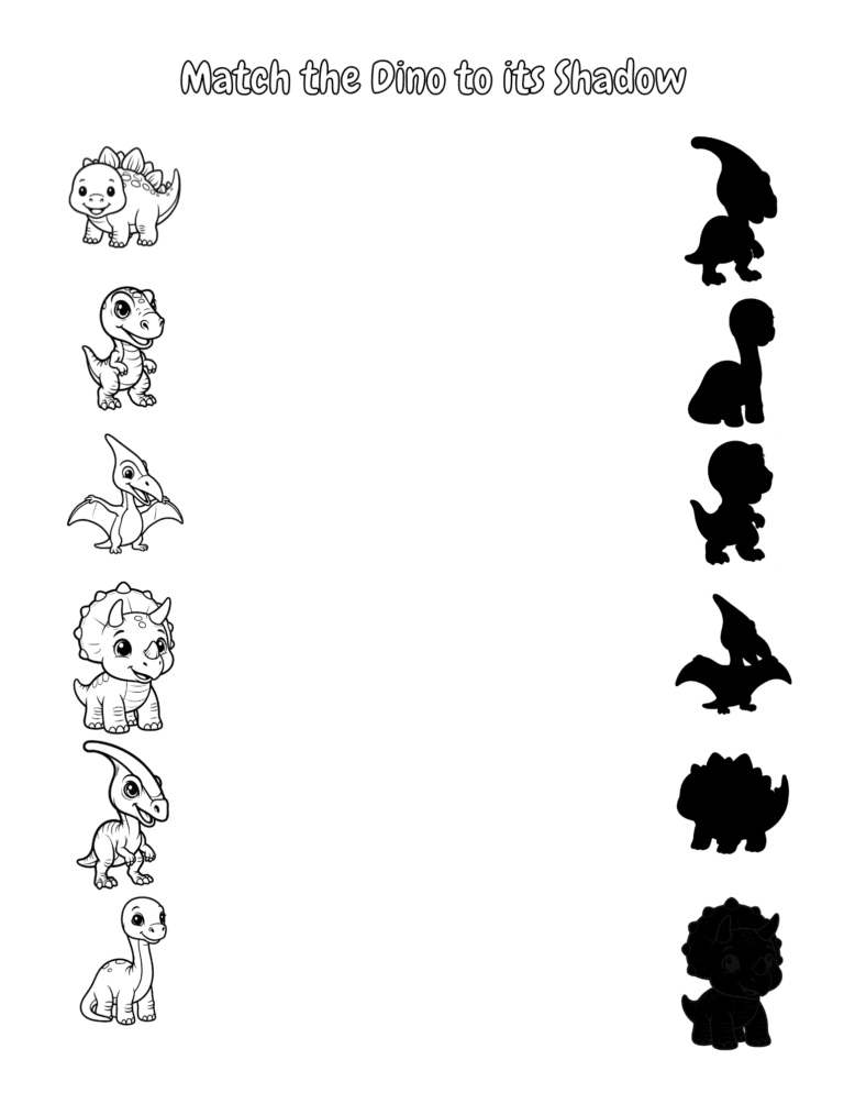 Printable dinosaur shadow matching activity for kids ages 3–8