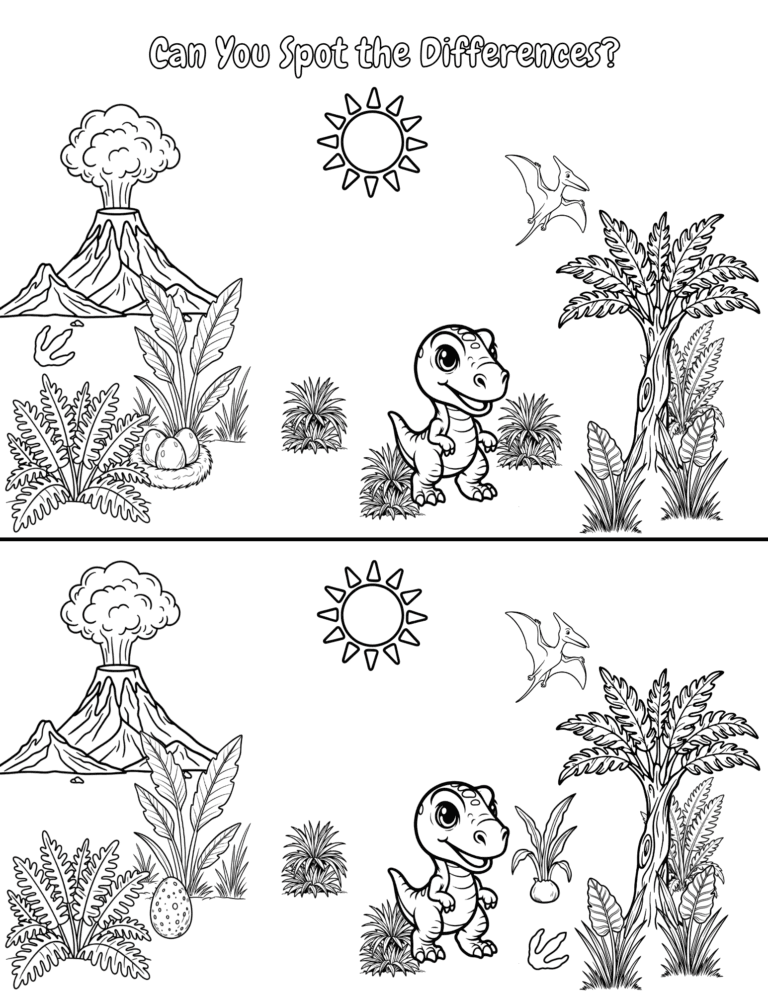 Printable dinosaur spot the difference activity for kids ages 3–8