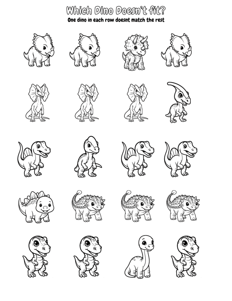 Printable dinosaur odd-one-out activity for kids ages 3–8