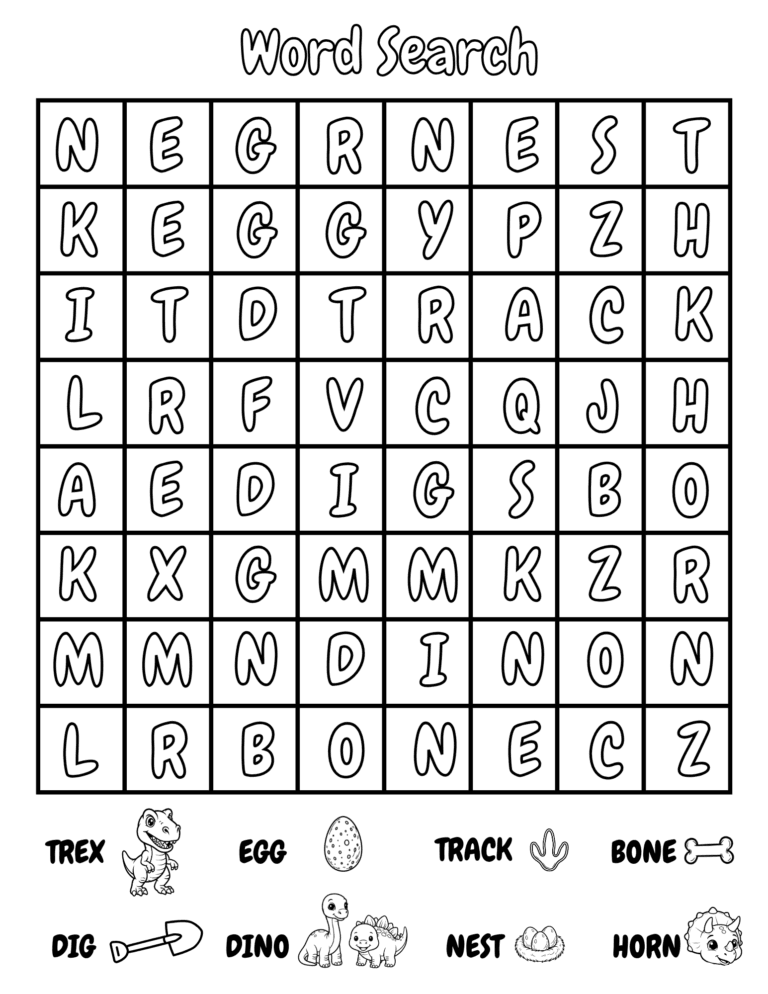 Printable dinosaur word search for kids ages 3–8