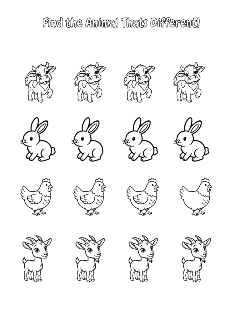 Printable Farm find the difference activity for kids ages 3–8