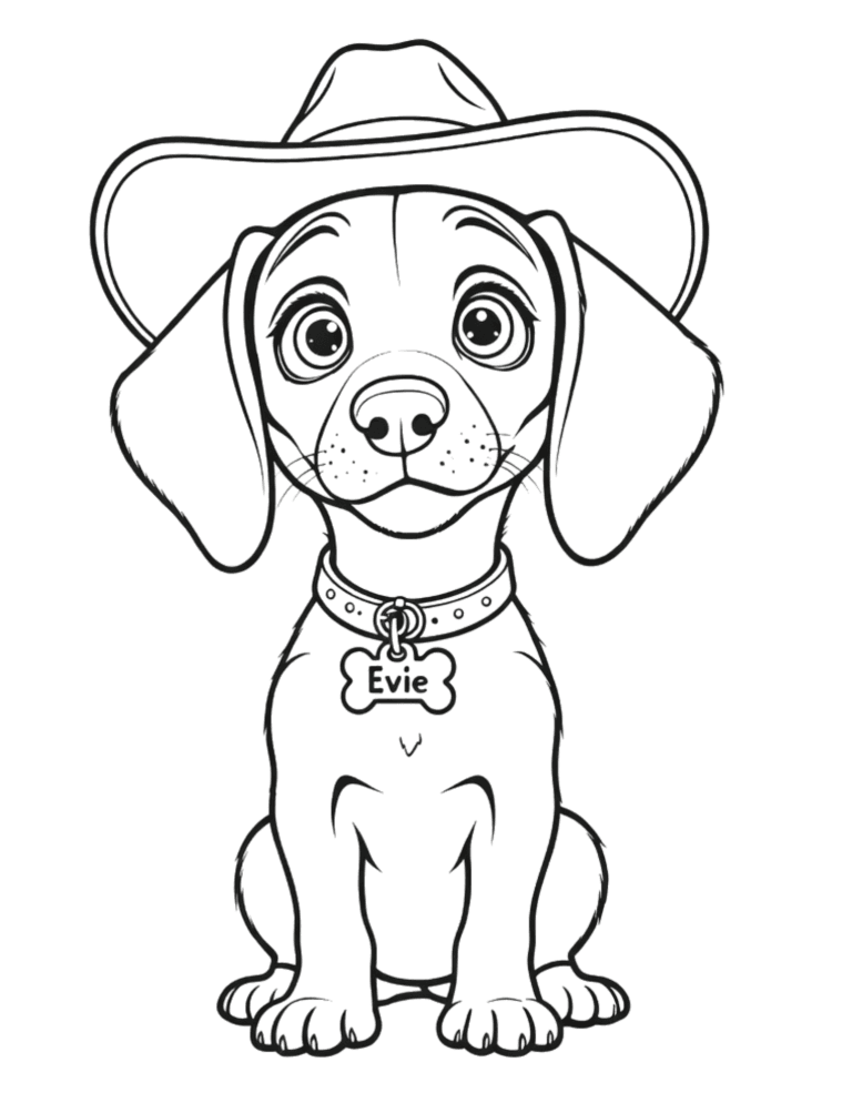 Printable Puppy in a sun hat coloring page for kids ages 3–8