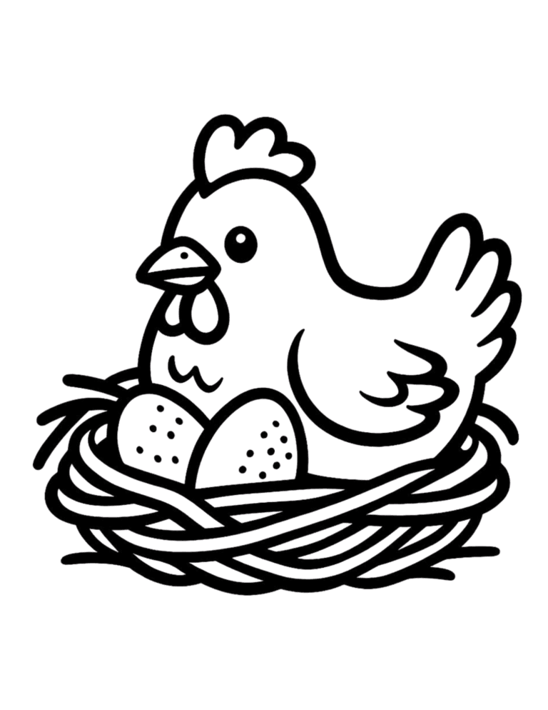 Printable Hen on a nest coloring page for kids ages 3–8