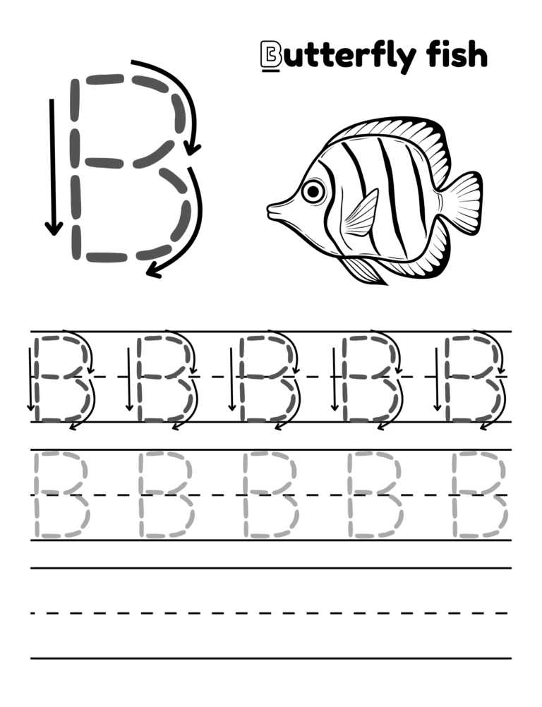 Printable Letter B tracing butterfly fish activity for kids ages 3–8