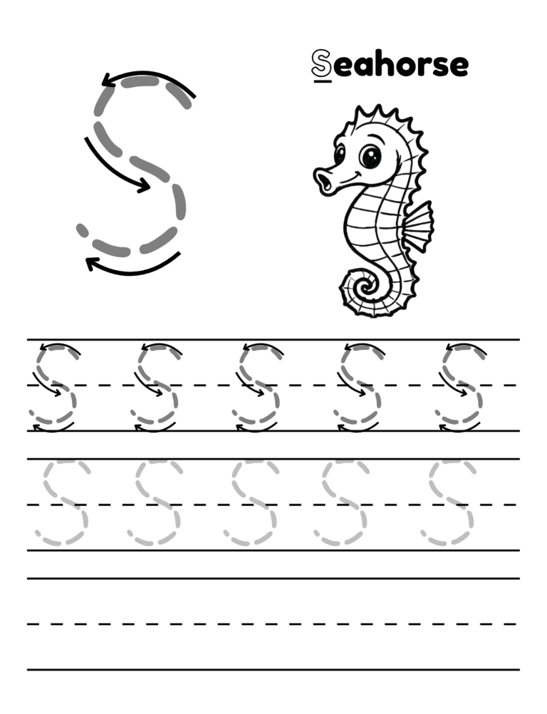Printable Letter S tracing seahorse activity for kids ages 3–8