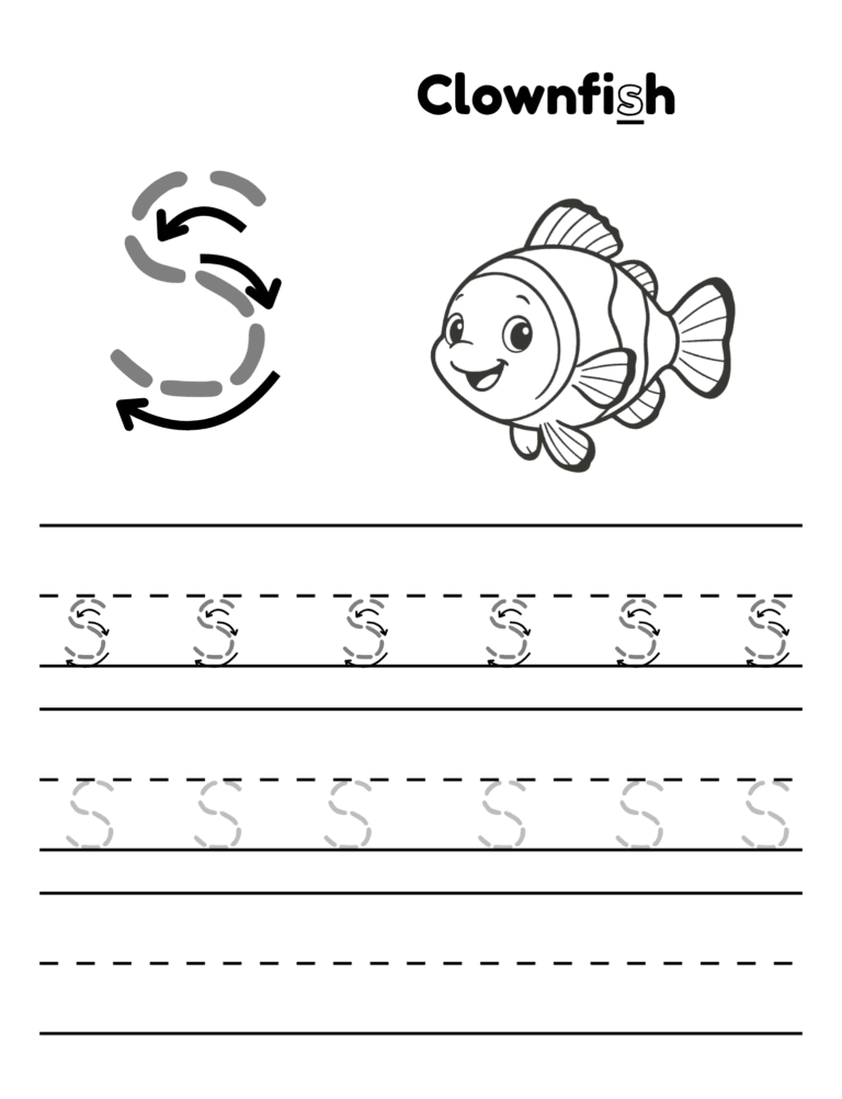 Printable Letter s tracing clownfish activity for kids ages 3–8