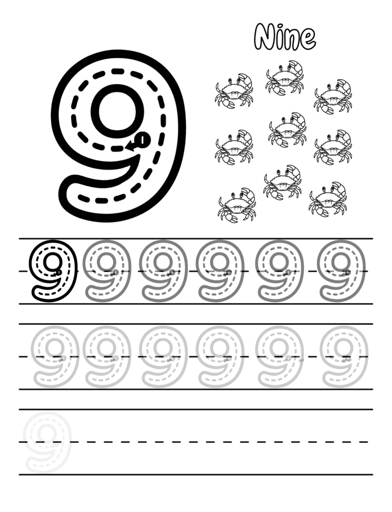 Printable Number 9 tracing fish activity for kids ages 3–8