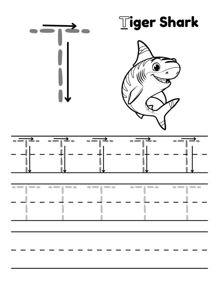 Printable Letter T tracing tiger shark activity for kids ages 3–8
