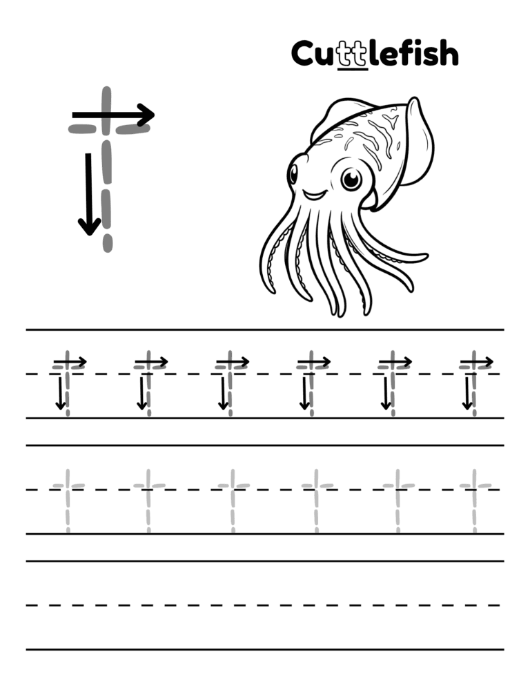 Printable Letter t tracing cuttlefish activity for kids ages 3–8