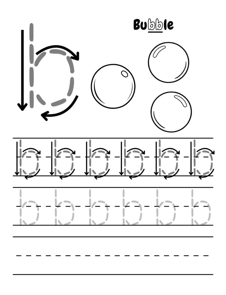 Printable Letter b tracing bubbles activity for kids ages 3–8