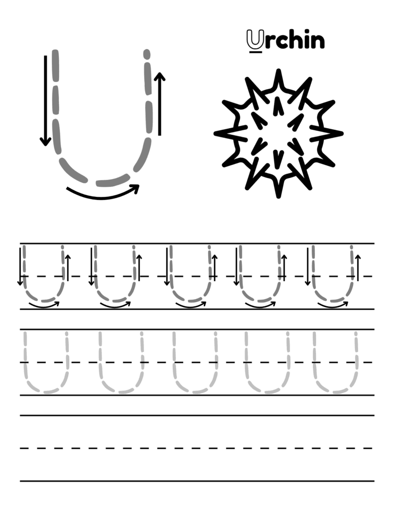 Printable Letter U tracing urchin activity for kids ages 3–8