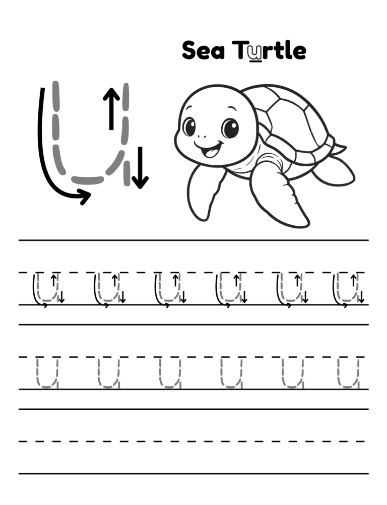 Printable Letter u tracing sea turtle activity for kids ages 3–8