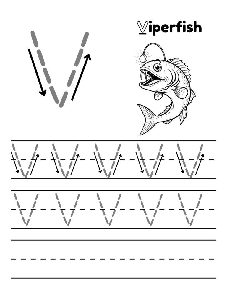 Printable Letter V tracing viperfish activity for kids ages 3–8