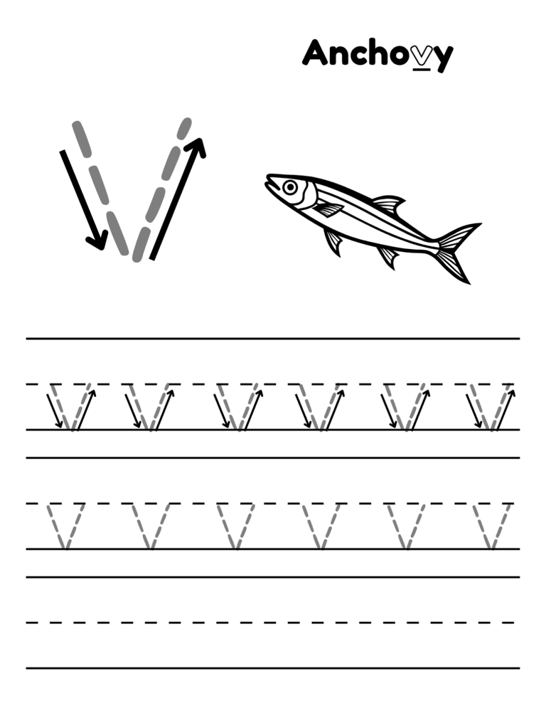 Printable Letter v tracing anchovy activity for kids ages 3–8