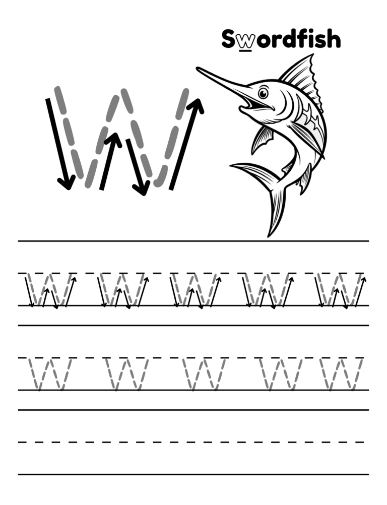 Printable Letter w tracing swordfish activity for kids ages 3–8