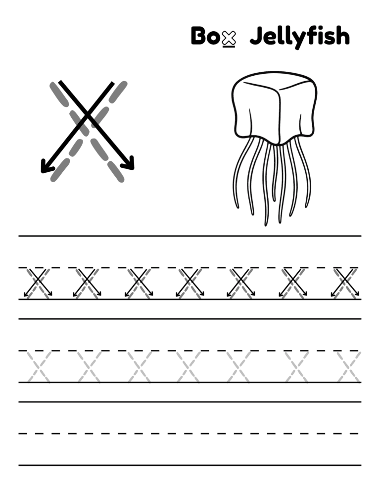 Printable Letter x tracing jellyfish activity for kids ages 3–8