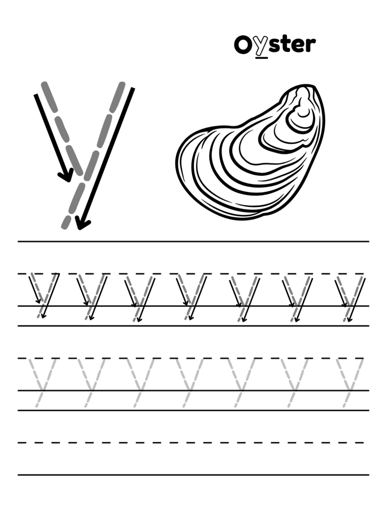 Printable Letter y tracing oyster activity for kids ages 3–8