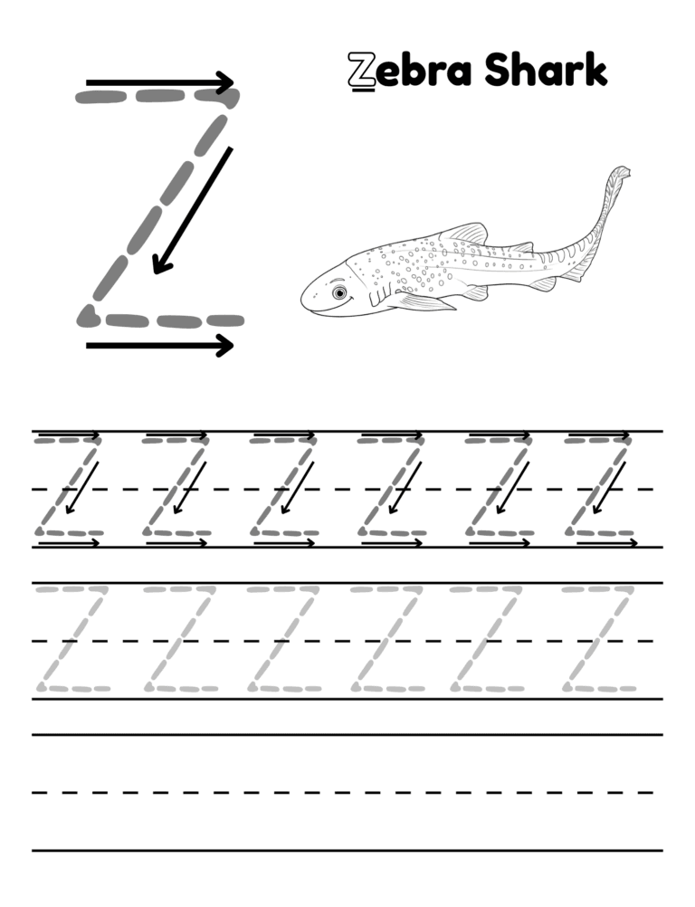 Printable Letter Z tracing zebra shark activity for kids ages 3–8