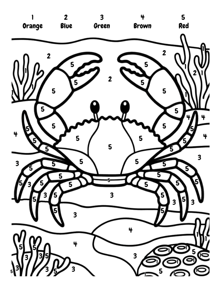Printable Ocean color by number crab activity for kids ages 3–8