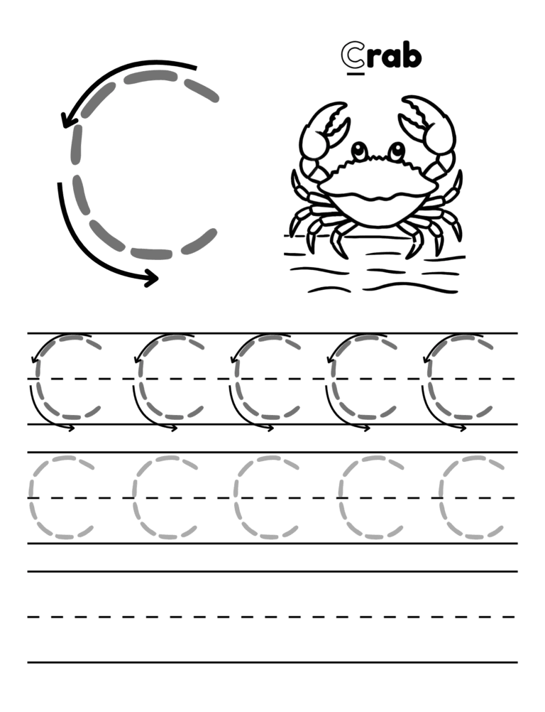 Printable Letter C tracing crab activity for kids ages 3–8