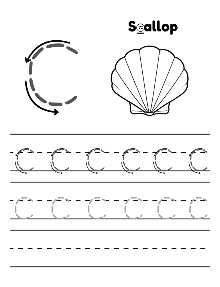 Printable Letter c tracing scallop activity for kids ages 3–8