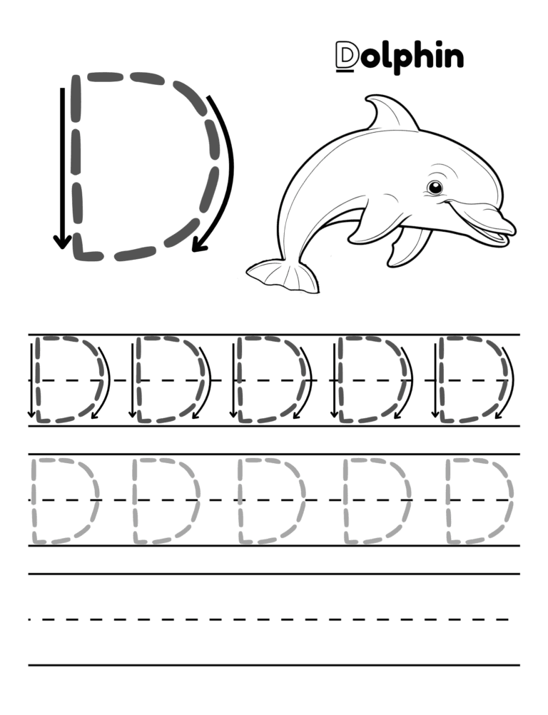 Printable Letter D tracing dolphin activity for kids ages 3–8