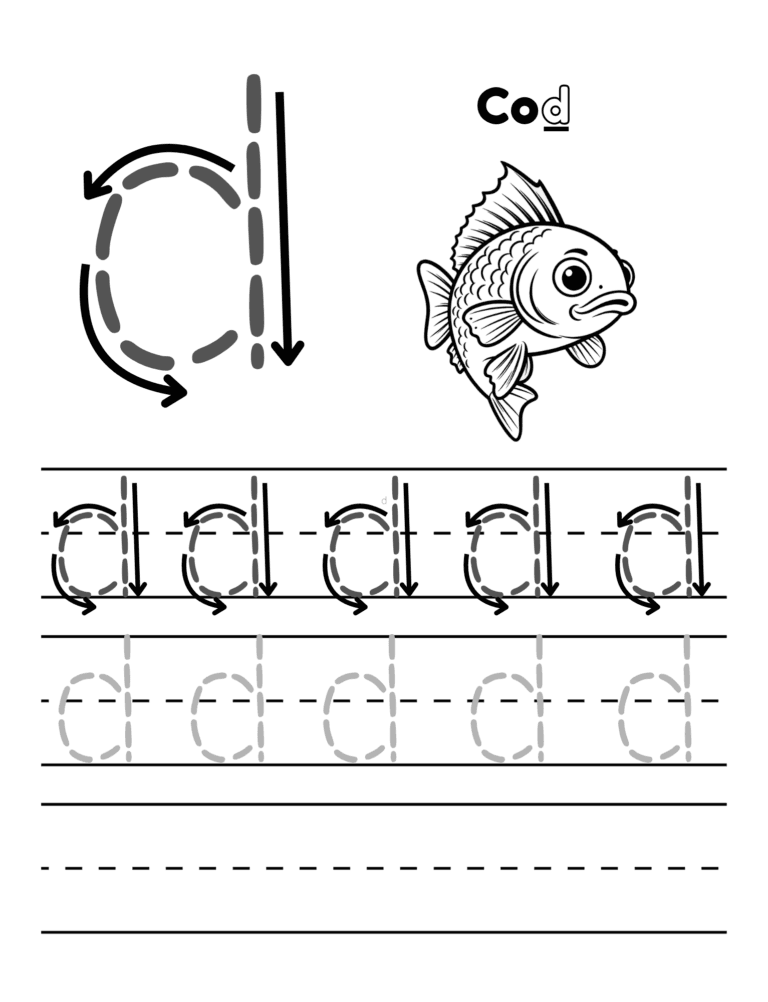 Printable Letter d tracing cod activity for kids ages 3–8