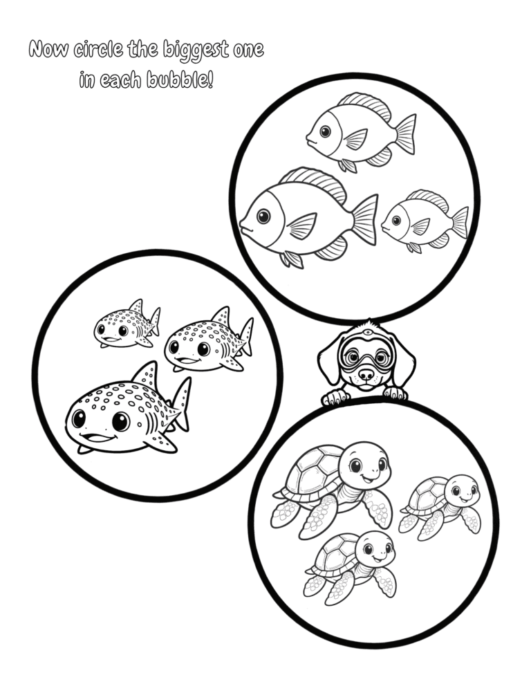 Printable Circle the biggest in each bubble activity for kids ages 3–8