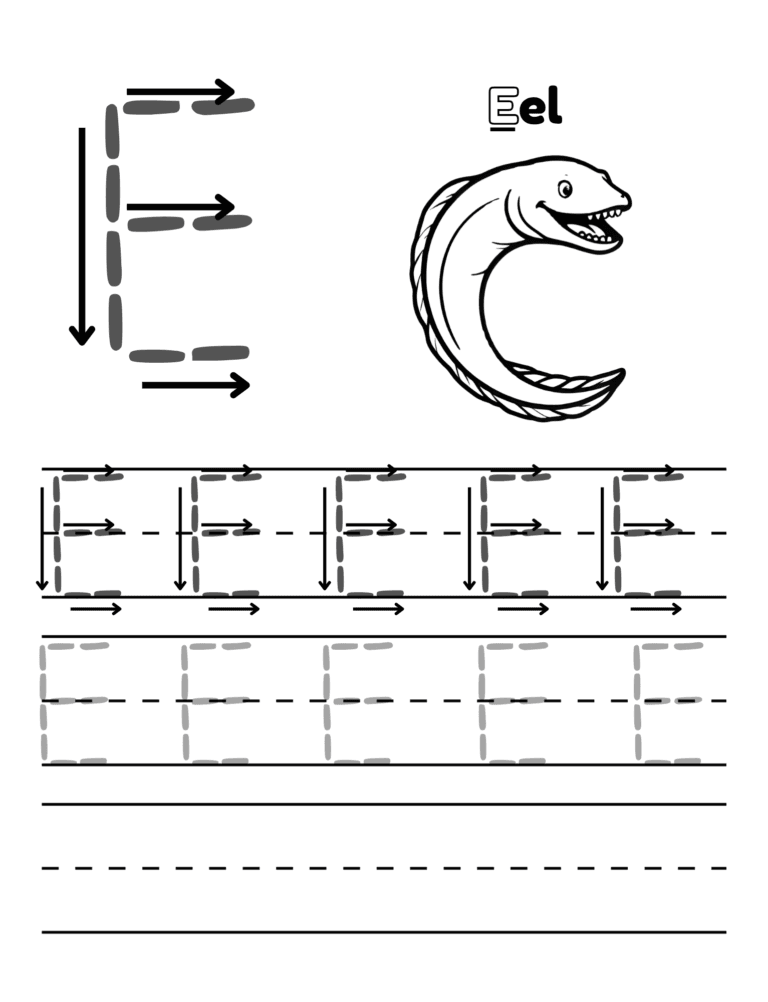 Printable Letter E tracing eel activity for kids ages 3–8