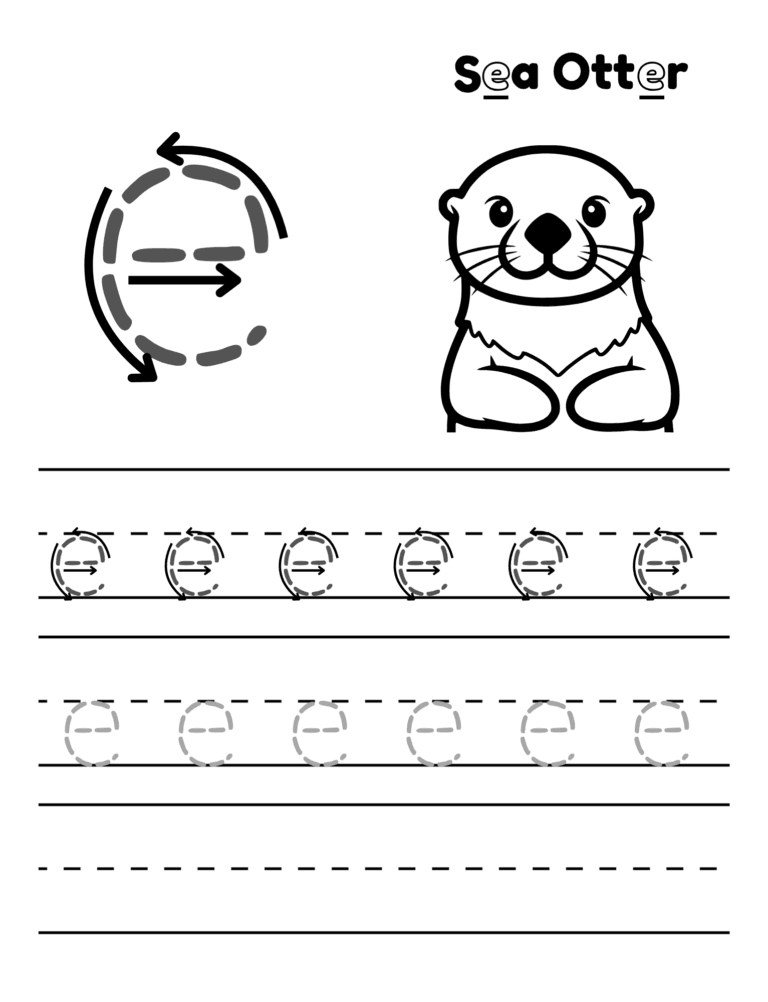 Printable Letter e tracing sea otter activity for kids ages 3–8