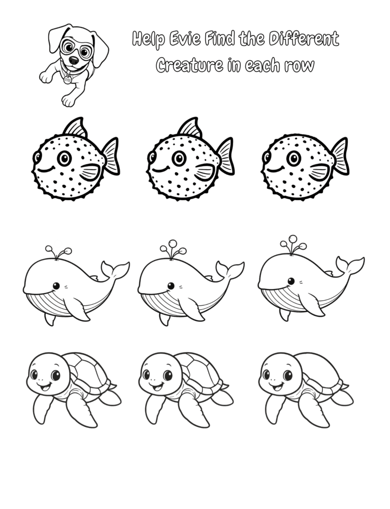 Printable Find the different creature in each row activity for kids ages 3–8