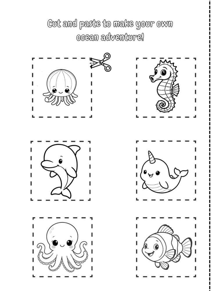 Printable Cut and paste your own ocean scene activity for kids ages 3–8