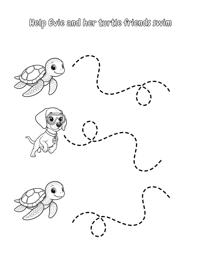 Printable Help Evie and the turtle swim activity for kids ages 3–8