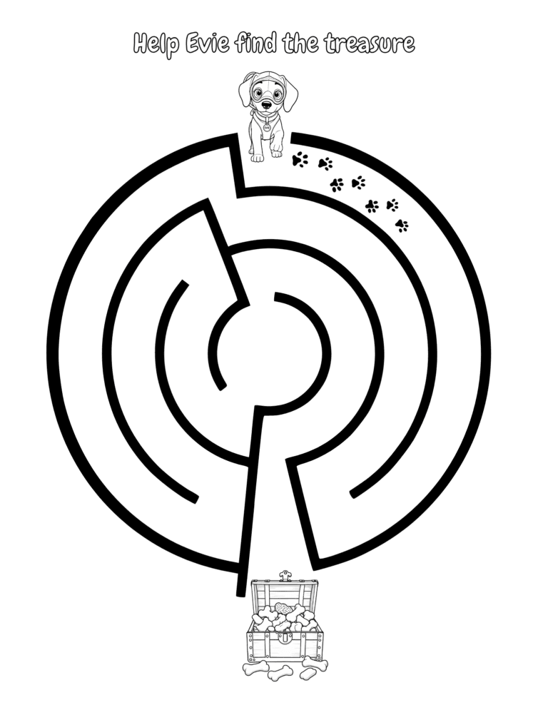Printable Help Evie find the treasure maze activity for kids ages 3–8