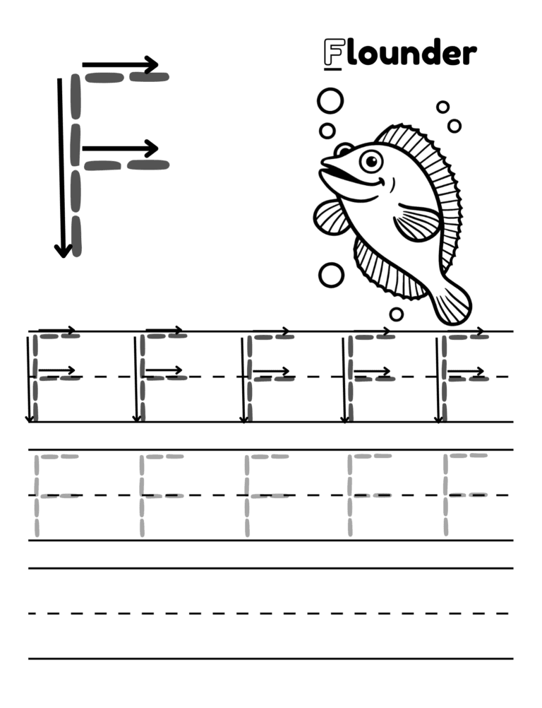 Printable Letter F tracing flounder activity for kids ages 3–8