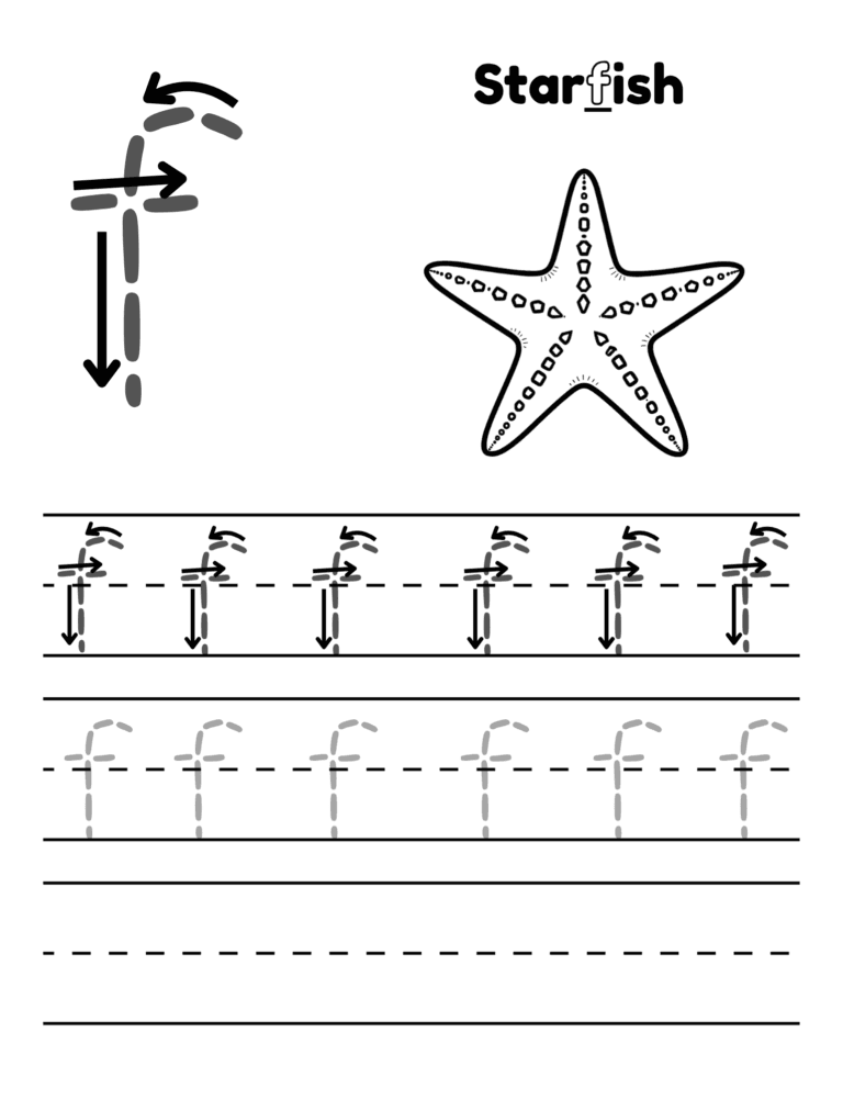 Printable Letter f tracing starfish activity for kids ages 3–8