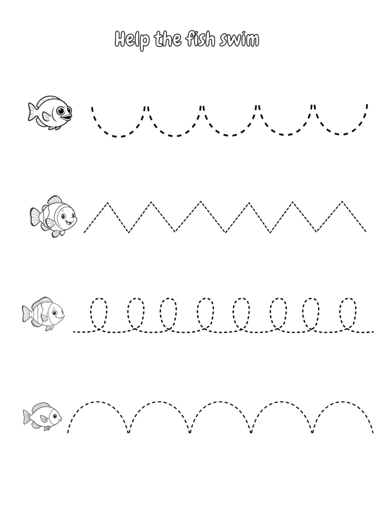 Printable Trace the fish path activity for kids ages 3–8