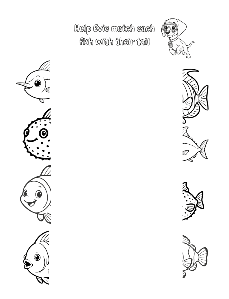 Printable Match each fish to its tail activity for kids ages 3–8