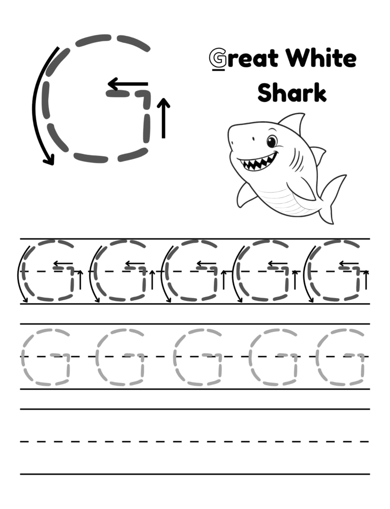 Printable Letter G tracing great white shark activity for kids ages 3–8