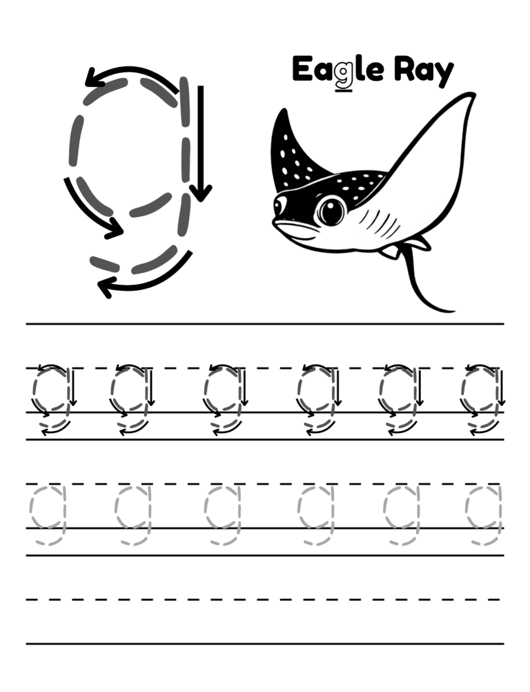 Printable Letter g tracing eagle ray activity for kids ages 3–8