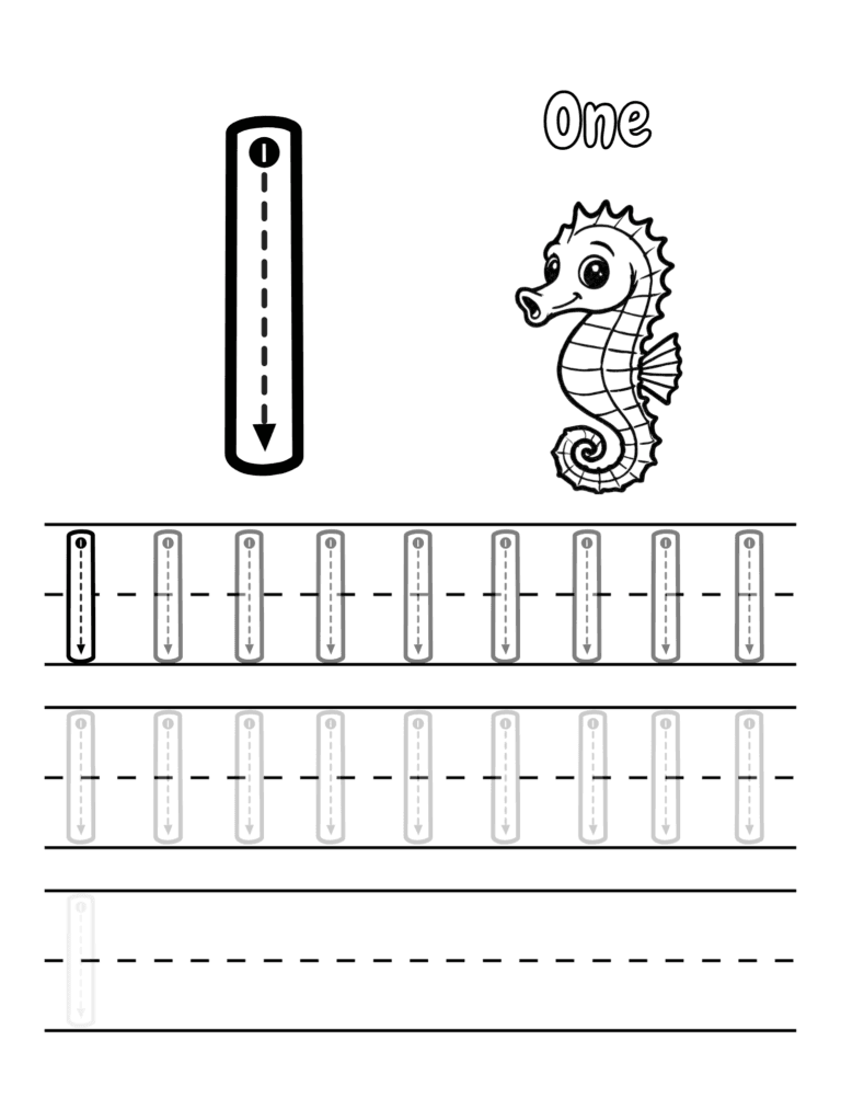 Printable Number 1 tracing activity for kids ages 3–8