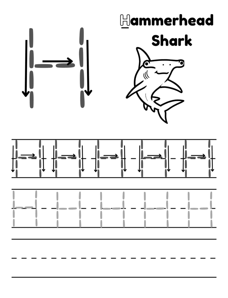Printable Letter H tracing hammerhead shark activity for kids ages 3–8